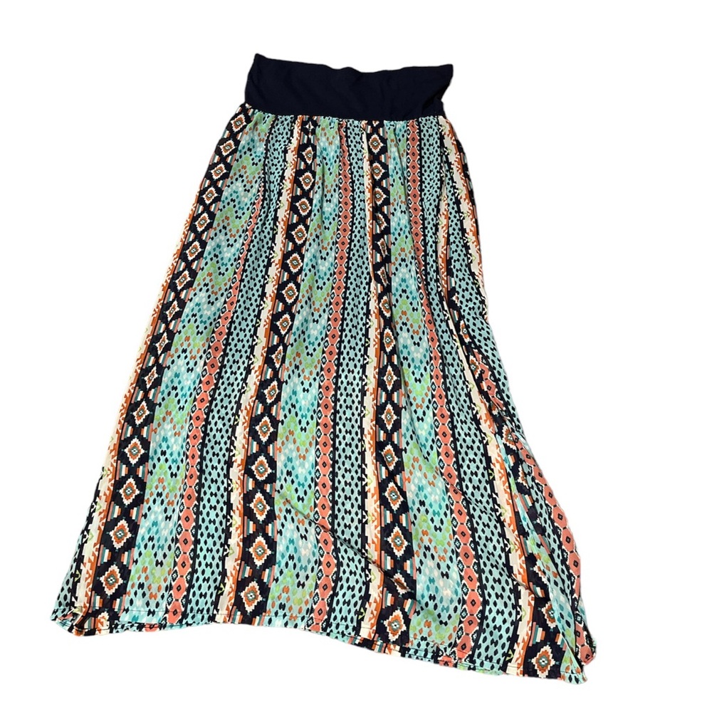 Blue, Green, Orange,and White Xhilaration Strapless Maxi Dress with Aztec Design